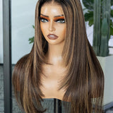 Wavymy Layered Cut Balayage Highlight Wear Go Glueless 7x5 Lace Pre-Bleached Straight Wigs Pre-pluck 180% Density Human Hair Wigs