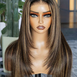 Wavymy Layered Cut Balayage Highlight Wear Go Glueless 7x5 Lace Pre-Bleached Straight Wigs Pre-pluck 180% Density Human Hair Wigs