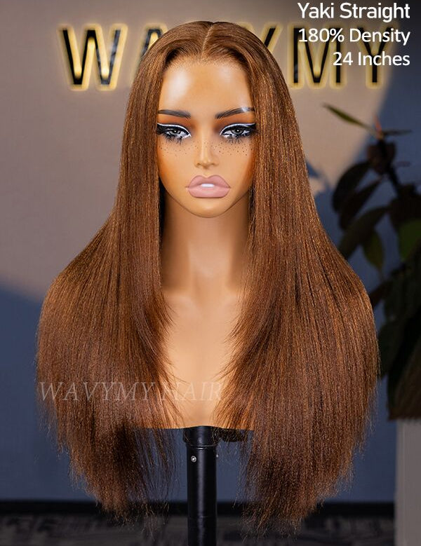 Wavymy Layered Cut Chestnut Brown Wear Go Wigs 180% Density Straight 6x4 Lace Closure Wigs 100% Human Hair