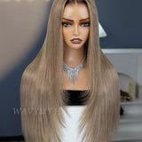 Wavymy Layered Cut Ombre Ash Blonde Hair with Brown Root Straight Hair 7x5 Lace Wear Go Glueless Wig 180% Density