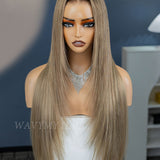 Wavymy Layered Cut Ombre Ash Blonde Hair with Brown Root Straight Hair 7x5 Lace Wear Go Glueless Wig 180% Density