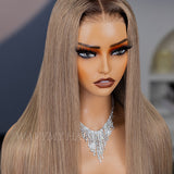 Wavymy Ombre Ash Blonde Hair with Brown Root Straight Hair 7x5 Lace Wear Go Glueless Wig 180% Density