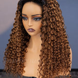 Wavymy Ombre Blonde Water Wave 3 In 1 Drawstring Half Wig With Black Hair Roots No Lace No Glue Human Hair 180% Density