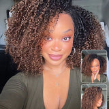 Wavymy Ombre Brown Layered Kinky Curly Pre-Styled 3 In 1 Drawstring Half Wigs No Lace No Glue Human Hair 200 Density