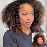 Wavymy Ombre Brown Layered Kinky Curly Pre-Styled 3 In 1 Drawstring Half Wigs No Lace No Glue Human Hair 200 Density
