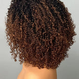Wavymy Ombre Brown Layered Kinky Curly Pre-Styled 3 In 1 Drawstring Half Wigs No Lace No Glue Human Hair 200 Density