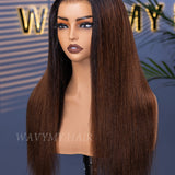 Wavymy Ombre Brown Yaki Straight Upgrade 3 In 1 Drawstring Half Wigs No Lace No Glue Human Hair