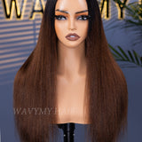 Wavymy Ombre Brown Yaki Straight Upgrade 3 In 1 Drawstring Half Wigs No Lace No Glue Human Hair