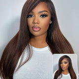 Wavymy Ombre Brown Yaki Straight Upgrade 3 In 1 Drawstring Half Wigs No Lace No Glue Human Hair