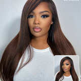 Wavymy Ombre Brown Yaki Straight Upgrade 3 In 1 Drawstring Half Wigs No Lace No Glue Human Hair