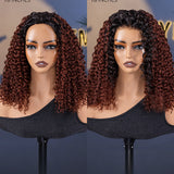 Wavymy Ombre Reddish Brown Kinky Curly Upgrade 3 In 1 Drawstring Half Wigs No Lace No Glue Human Hair