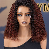 Wavymy Ombre Reddish Brown Kinky Curly Upgrade 3 In 1 Drawstring Half Wigs No Lace No Glue Human Hair