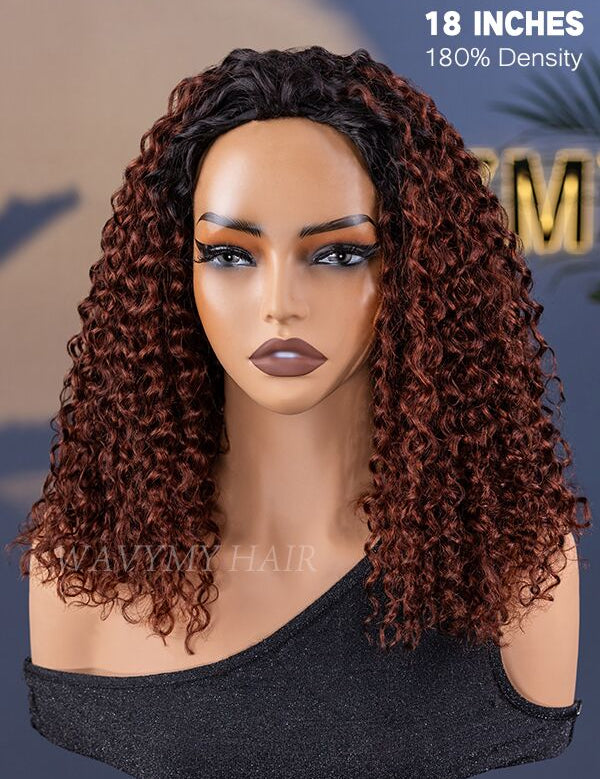 Wavymy Ombre Reddish Brown Kinky Curly Upgrade 3 In 1 Drawstring Half Wigs No Lace No Glue Human Hair