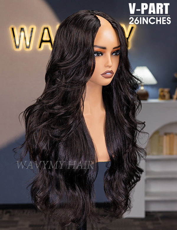 Wavymy Pre-Styled Butterfly Cut Layer Yaki Straight Natural Wave Wig Beginner Friendly V Part Wig Human Hair Wig 250% Density