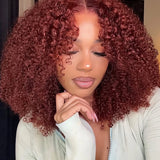 Wavymy Reddish Brown Afro Kinky Curly 7x5 Lace Wear & Go Glueless Wigs Dome Cap 180% Density Layered Curly Hairstyle