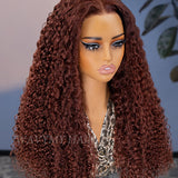 Wavymy Reddish Brown Water Wave Wig 13x6 Max Lace Frontal Wig Drawstring Wear & Go Wigs Dome Cap Glueless Wigs 180% Density
