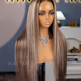 Wavymy Wear Go Ash Blonde Balayage Highlight Straight 7x5 Lace Human Hair Wigs 180% Density