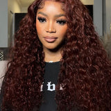 Wavymy Reddish Brown Water Wave Wig 13x6 Max Lace Frontal Wig Drawstring Wear & Go Wigs Dome Cap Glueless Wigs 180% Density
