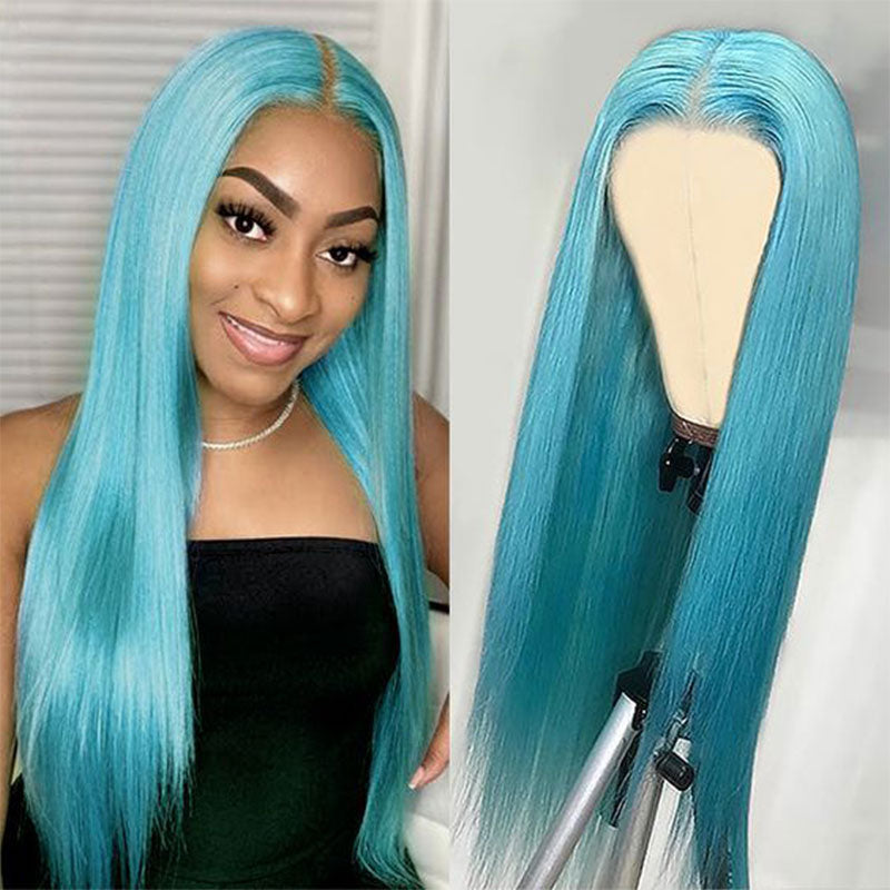 Wavymy 13x4 Lace Front light blue Color Virgin Human Hair Straight Wig Long Hairstyles