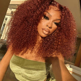 Wavymy Reddish Brown Afro Kinky Curly 7x5 Lace Wear & Go Glueless Wigs Dome Cap 180% Density Layered Curly Hairstyle