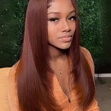 Wavymy Layer Cut Reddish Brown 13x4 Lace Frontal Straight Transparent Lace Wigs Real Ear To Ear Lace Pre Plucked Human Hair Wigs 180% Density