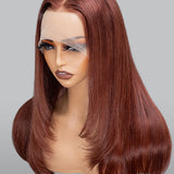 Wavymy Layer Cut Reddish Brown 13x4 Lace Frontal Straight Transparent Lace Wigs Real Ear To Ear Lace Pre Plucked Human Hair Wigs 180% Density