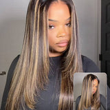 Wavymy Layered Cut Balayage Highlight Wear Go Glueless 7x5 Lace Pre-Bleached Straight Wigs Pre-pluck 180% Density Human Hair Wigs