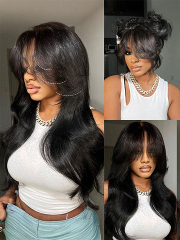 Curtain bang layered cut body wave wear and go wigs