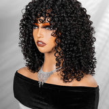 Wavymy Buncy Curly Wigs With Bangs Full Machine Made Human Hair 250% Density Wigs