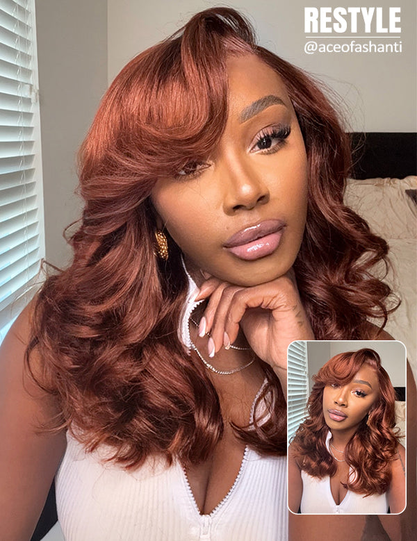 Wavymy Copper Brown Body Wave Wear Go Glueless 7x5 Lace Wigs Human Hair Wigs