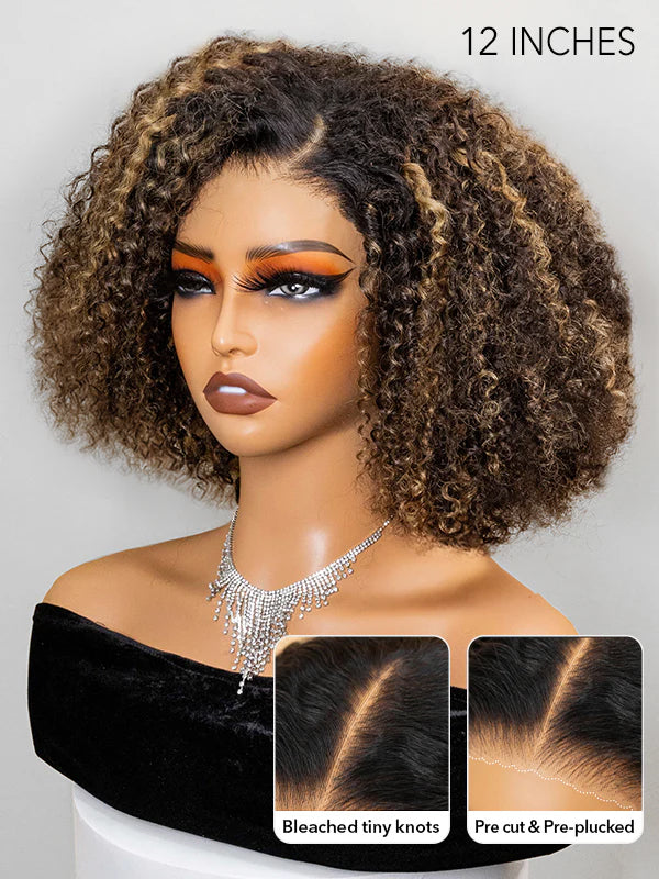 Wavymy Curly Bob Wig Wear Go Glueless Honey Blonde Highlight Kinky Curly 4x6 Human Hair Wig