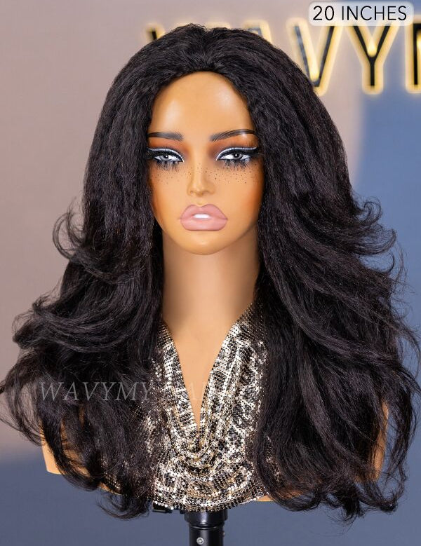 Wavymy Upgrade Drawstring Half Wig Lazy Layered Yaki Wave Wig Human Hair No Glue No Lace Pre-Styled Wig