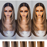 Wavymy Layered Cut Balayage Highlight Wear Go Glueless 7x5 Lace Pre-Bleached Straight Wigs Pre-pluck 180% Density Human Hair Wigs