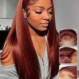 Wavymy Reddish Brown 13x4 Lace Frontal Straight Transparent Lace Wigs Real Ear To Ear Lace Pre Plucked Human Hair Wigs  Perfect Color For Women 180% Density