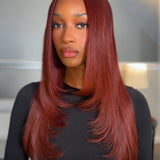 Wavymy Layer Cut Reddish Brown 13x4 Lace Frontal Straight Transparent Lace Wigs Real Ear To Ear Lace Pre Plucked Human Hair Wigs 180% Density