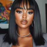 Wavymy Glueless Straight Wig With Bangs Human Hair Machine Made 180% Density 14 Inches