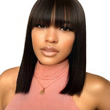 Wavymy Glueless Straight Wig With Bangs Human Hair Machine Made 180% Density 14 Inches