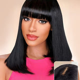 Wavymy Glueless Straight Wig With Bangs Human Hair Machine Made 180% Density 14 Inches