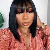 Wavymy Glueless Straight Wig With Bangs Human Hair Machine Made 180% Density 14 Inches