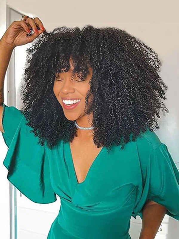 Afro Curly Part In The Middle Wigs With Bangs Full Machine Made Human Hair 180% Wigs