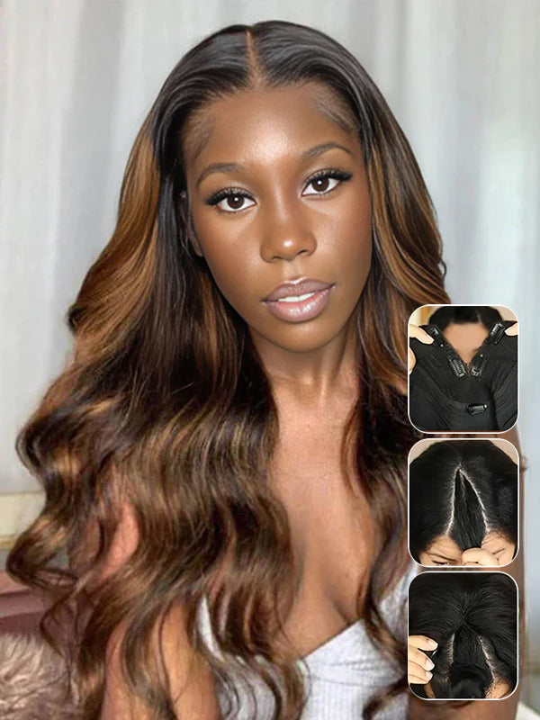 Wavymy Butta Lace Wig Balayage Highlight Body Wave V Part Wigs No Glue No Sew No Gel Human Hair Thin Part Wig