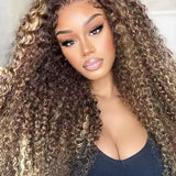 Flash Sale | Kinky Curly 13*4*1 Lace Part  Honey Blonde Highlight Wigs Pre Plucked Natural Hairline adjustable Perfectly fit belt Long Wig