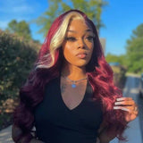 Wavymy 99J Burgundy With Blonde Body Wave Wig 13x4 Highlights Lace Front Wig Skunk Stripe Wigs