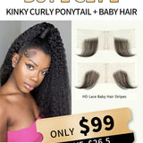 Wavymy Kinky Curly Ponytail + Reusable HD Lace Babyhair Edge Stripes