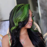 Wavymy Black With Green Skunk Stripe Color Body Wave Wig 13x4 Highlights Lace Front Human Hair Ombre Wig