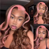 Wavymy Strawberry Pink With  Chocolate  Skunk Stripe Color Wig 13x4 Highlights Lace Front Ombre Wig Virgin Human Hair