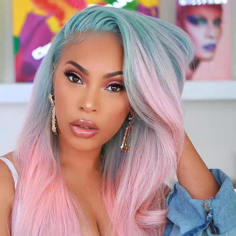 Wavymy Wig Drum Ombre Blue To Pink Skunk Stripe Color Wigs 13x4 Body Wave Lace Front Wig Virgin Human Hair 10-26 Inch