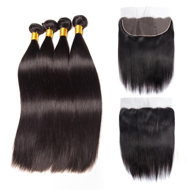 Wavymy Straight Hair 13x4 Lace Frontal With 4 Bundles Human Hair Weave
