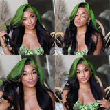 Wavymy Black With Green Skunk Stripe Color Body Wave Wig 13x4 Highlights Lace Front Human Hair Ombre Wig