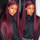 Wavymy 99J Burgundy Color 13x4 Lace Front Wigs Pre Plucked Long Straight Hair Human Hair Wigs